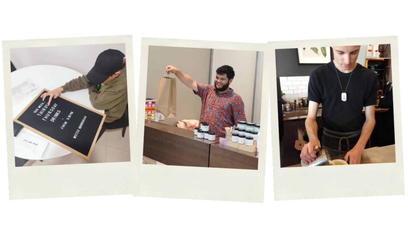 Polaroids of Brody updating a shop sign, Tylor handing a bag to a customer and Callum pouring a coffee.